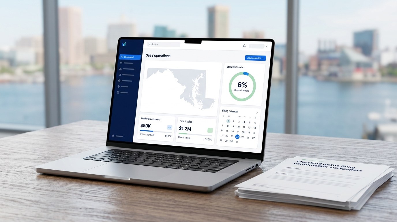 Modern ecommerce sales tax filing dashboard for Maryland merchants